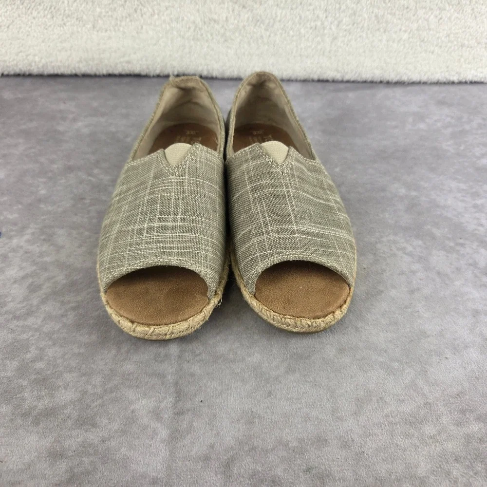 TOMS Womens Open Toe Espadrille Flats Taupe Wht Grid Print Slip On Shoes Size 6